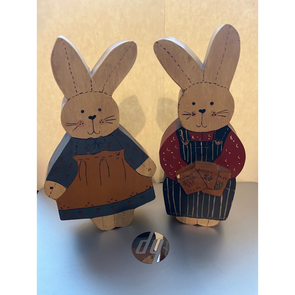 Vintage Primitive Hand Painted Wooden Bunny Rabbit Shelf Sitter Figurines Pair